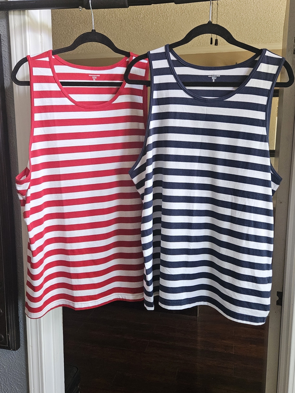 2 Men's Amazon Essentials Striped Tank Top - Red/White & Navy/White